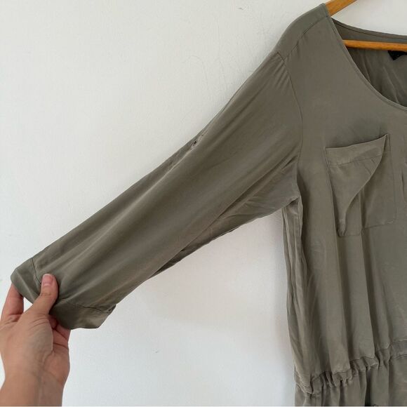 Club Monaco Sage Green Cargo Drawstring Waist 3/4 Length 100% Silk Dress - Picture 8 of 10
